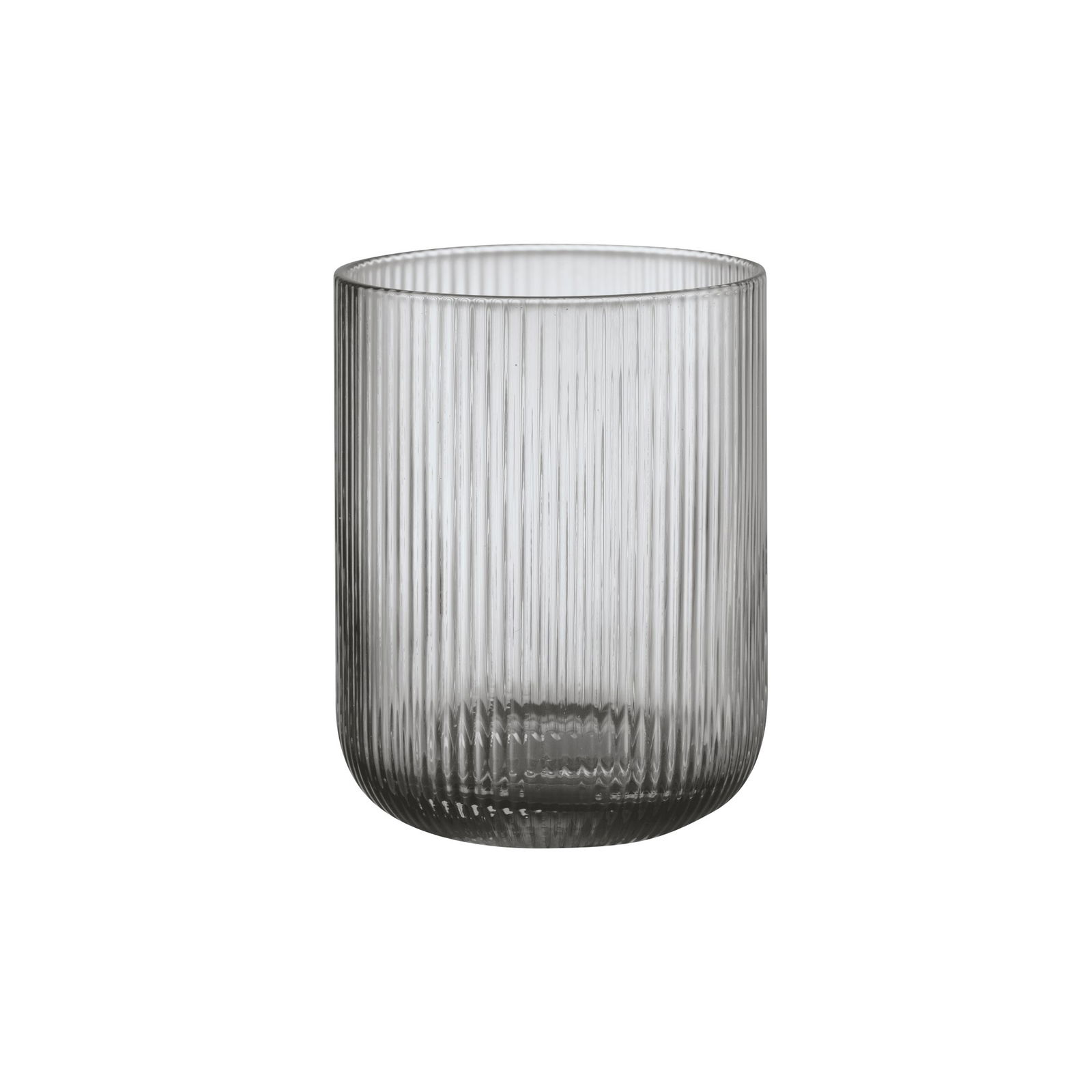 Elegant ribbed glass vase in smoky gray, perfect for contemporary decor.