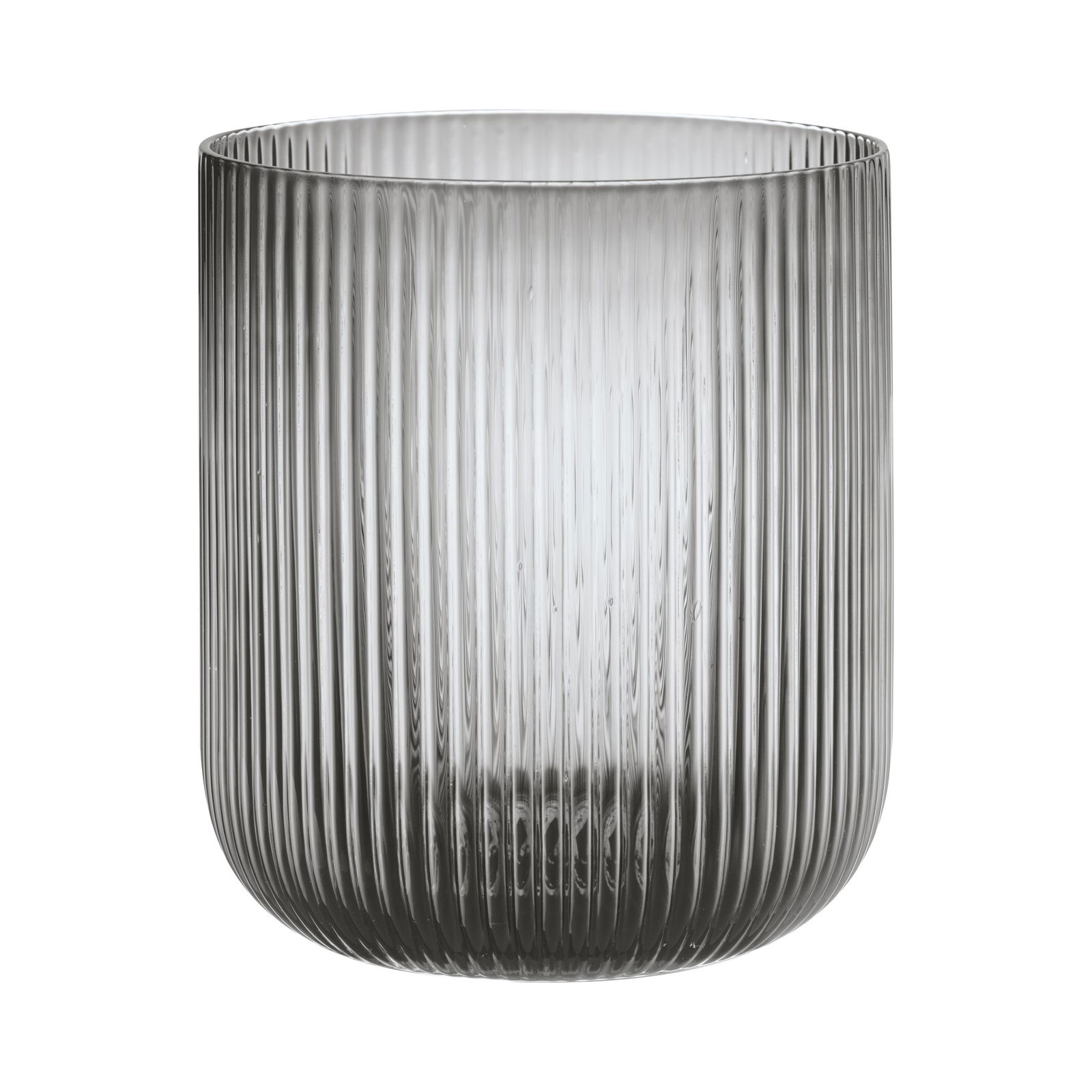 Stylish ribbed glass vase in a modern gray tone, perfect for home decor.