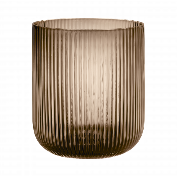 Elegant ribbed glass vase in warm amber tones for modern decor.