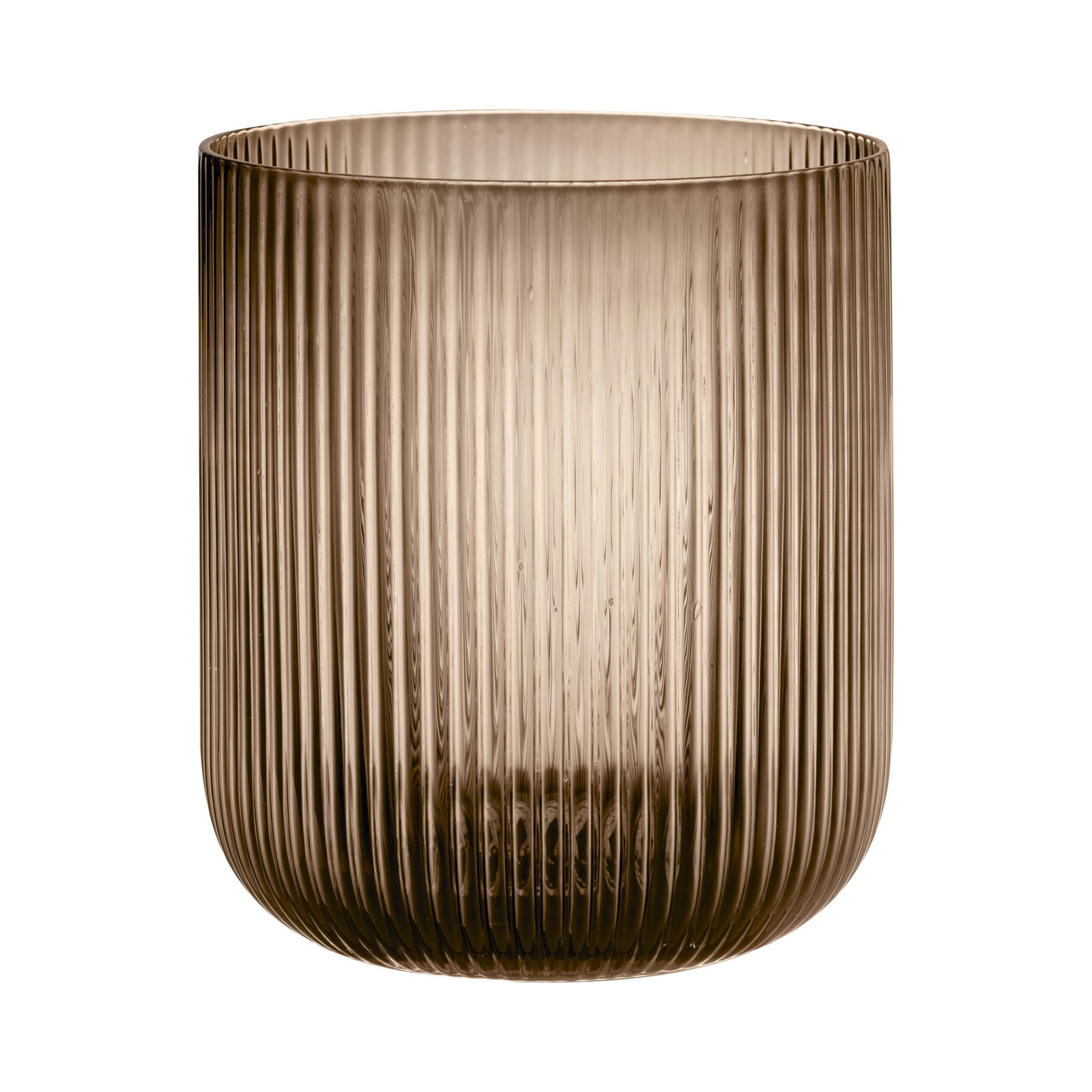 Elegant ribbed glass vase in warm amber tones for modern decor.
