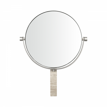 Runder Wandspiegel mit minimalistischem Design und schlankem Sockel, perfekt für moderne Dekoration.