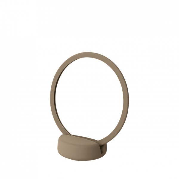 Sleek beige ring lamp on a minimalist base, perfect for modern home decor.