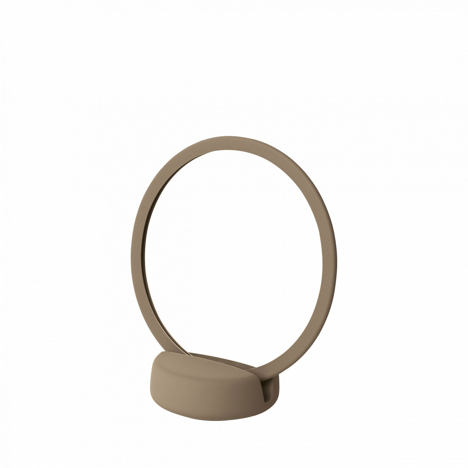 Sleek beige ring lamp on a minimalist base, perfect for modern home decor.