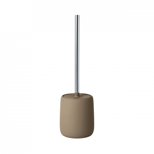 Stylish modern toilet brush holder with a sleek metallic handle on a neutral background.