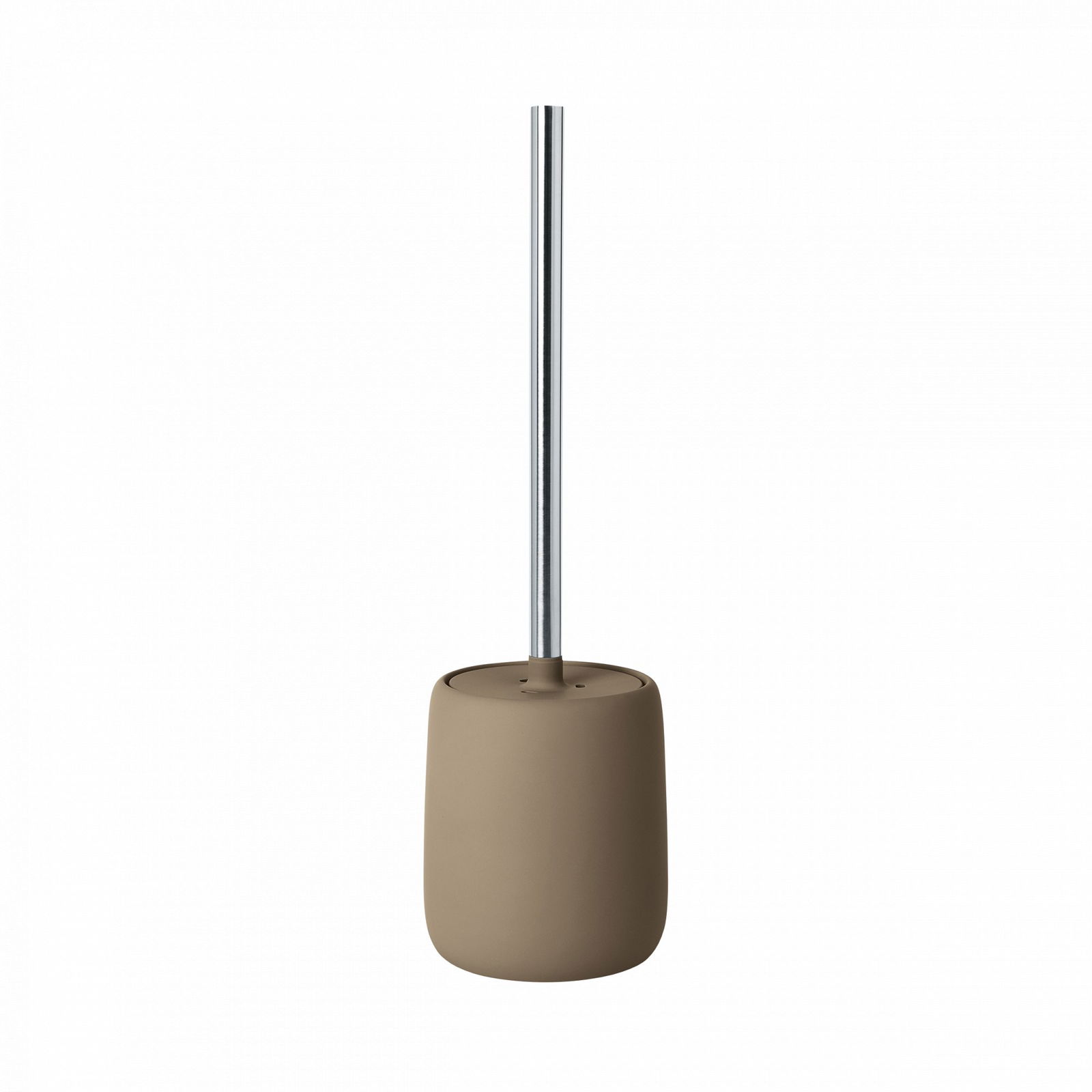 Stylish modern toilet brush holder with a sleek metallic handle on a neutral background.