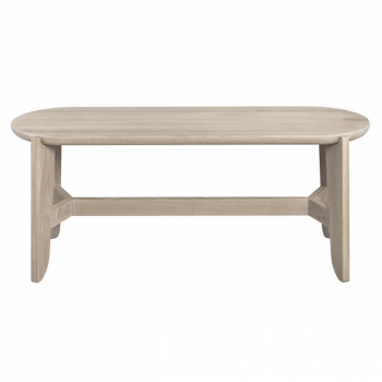 Modern wooden coffee table with an oval top and sturdy legs.