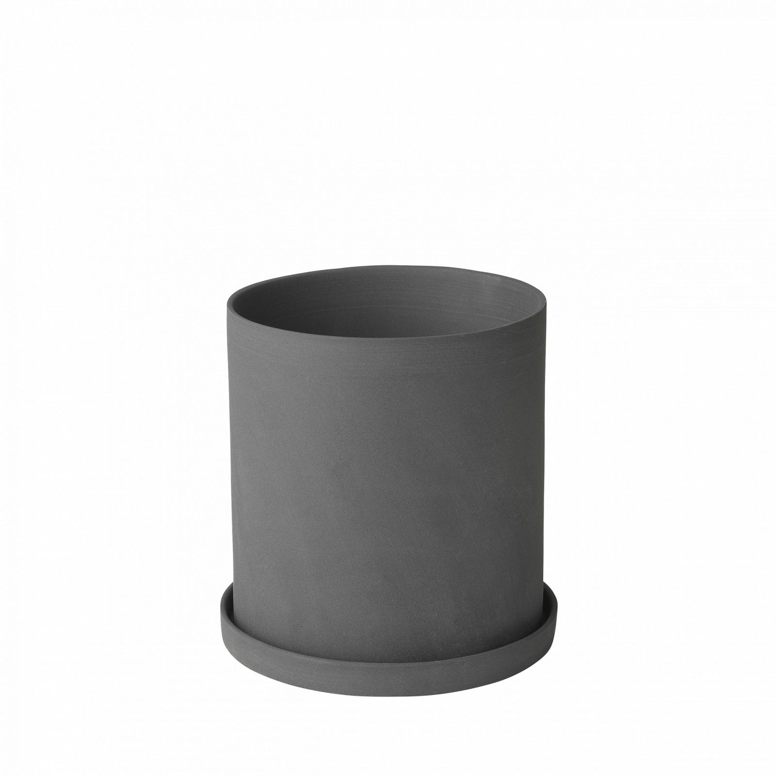 Dark gray ceramic planter with a matching saucer for indoor plants.