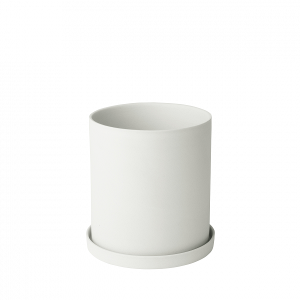 Minimalist weißer Keramiktopf mit passender Untertasse für Zimmerpflanzen.
