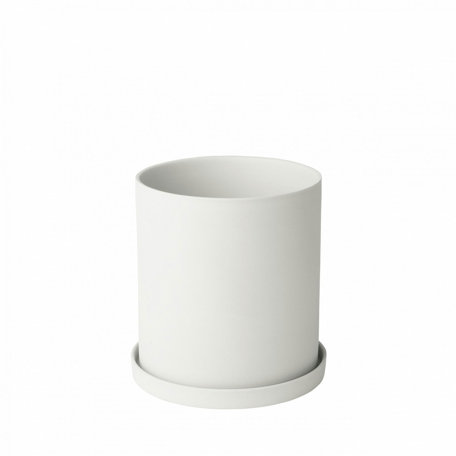 Minimalist weißer Keramiktopf mit passender Untertasse für Zimmerpflanzen.