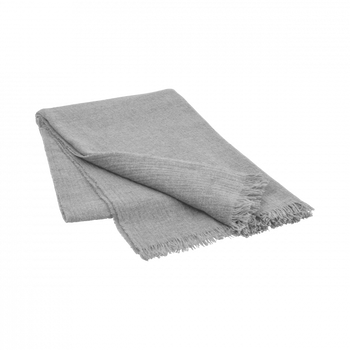 Soft gray throw blanket with fringed edges, perfect for cozying up at home.