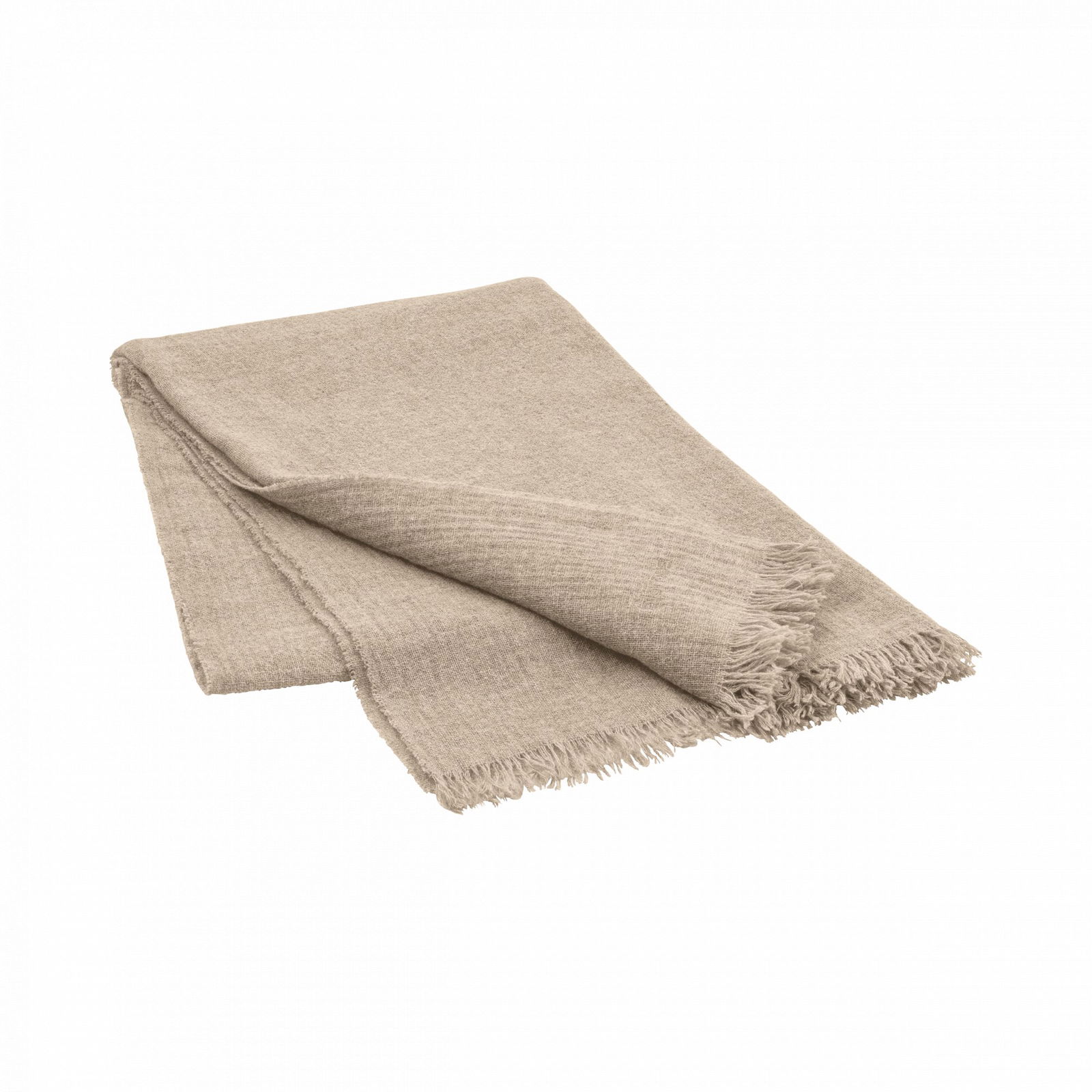 Soft beige blanket with frayed edges folded neatly on a black background.