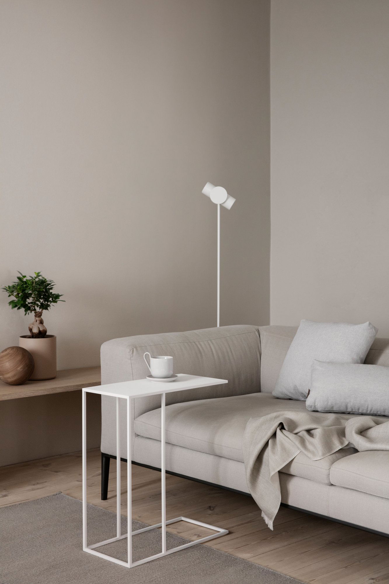 Modern living room with a minimalist couch, white side table, and decorative plants.