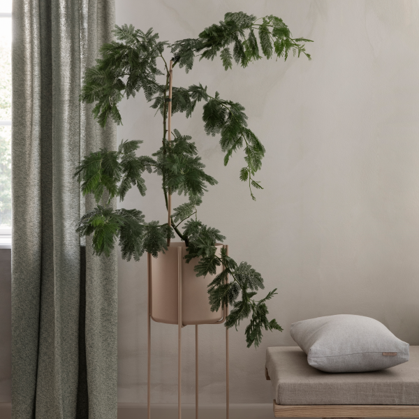 Potted plant in minimalist room with green curtains and a soft gray cushion.