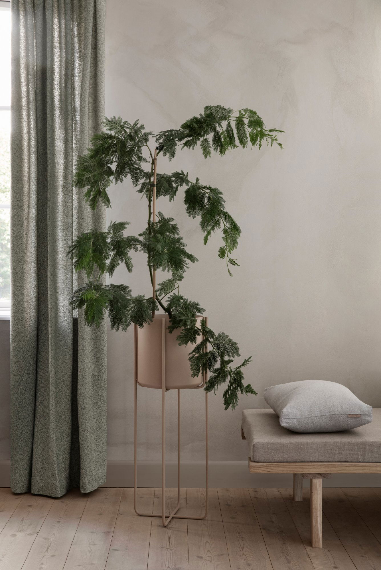 Potted plant in minimalist room with green curtains and a soft gray cushion.