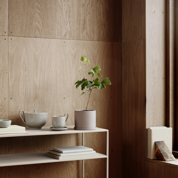 Modernes Interieur mit einer Holzwand, minimalistischer Dekoration und einer blühenden Topfpflanze.