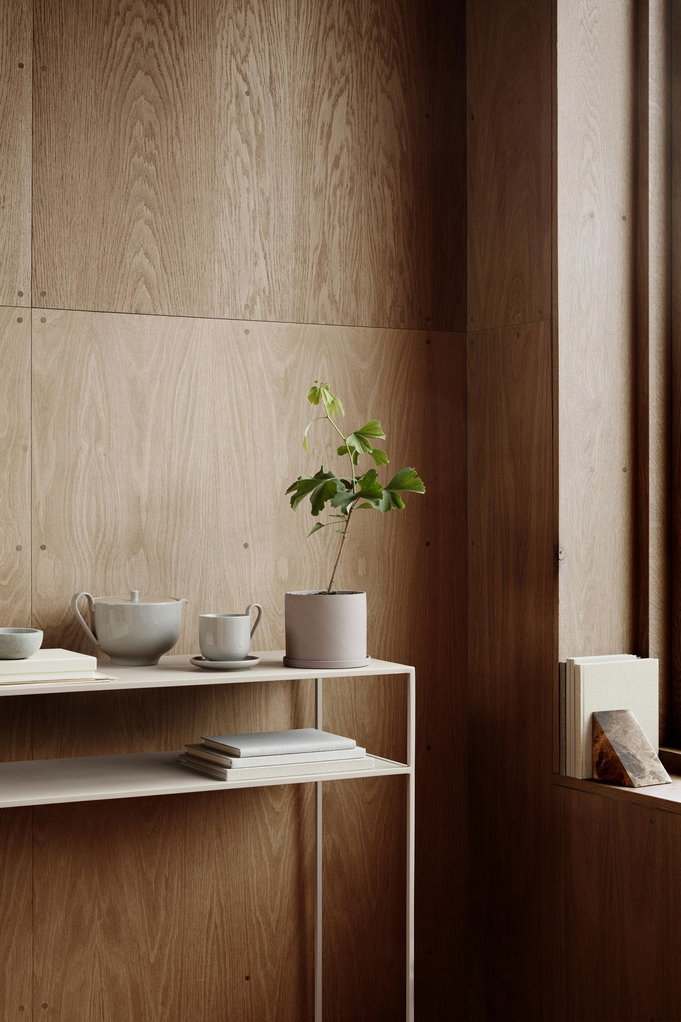 Modernes Interieur mit einer Holzwand, minimalistischer Dekoration und einer blühenden Topfpflanze.