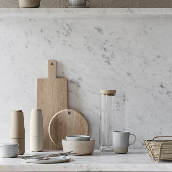 Minimalistische Küchenszene mit Holzservierbrettern, Keramiktellern und Glaswaren auf Marmor.