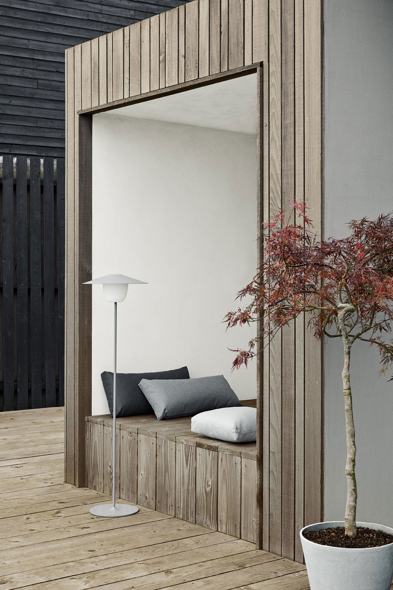 Cozy outdoor seating area with modern lamp and decorative maple tree.