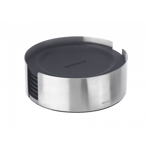 Stylish stainless steel coaster holder with black silicone coasters by Blomus.
