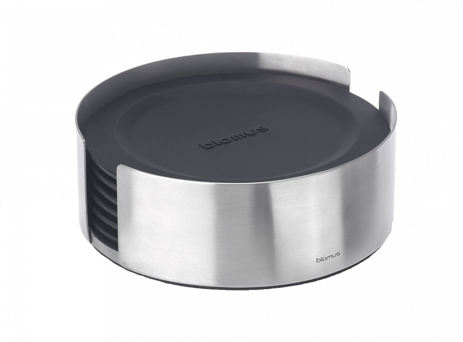 Stylish stainless steel coaster holder with black silicone coasters by Blomus.