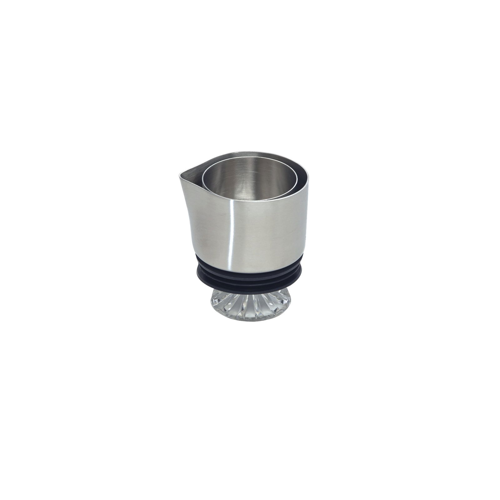 Stainless steel cocktail jigger with a clear rubber base for accurate pouring measurements.