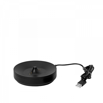 Black wireless charging dock with USB cable for smartphones and devices.