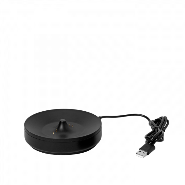 Schwarze drahtlose Ladestation mit USB-Kabel für Smartphones und Geräte.