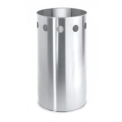 Shiny stainless steel trash can with circular holes for ventilation and a sleek design.