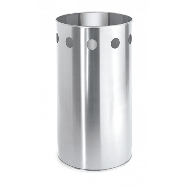 Heller Edelstahl-Mülleimer mit runden Löchern zur Belüftung und einem eleganten Design.
