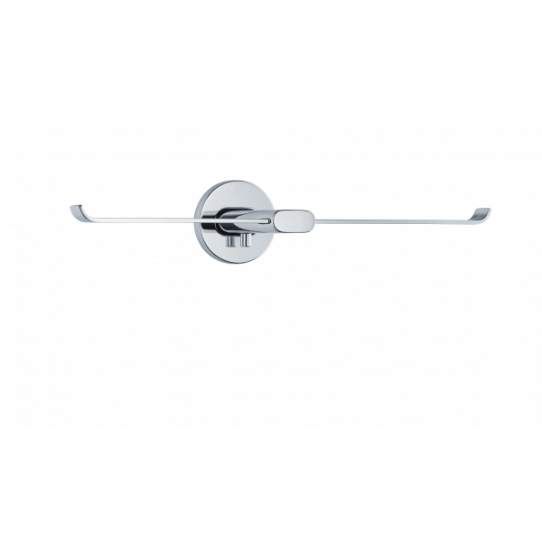 Sleek chrome towel bar mounted on a round wall plate, perfect for modern bathrooms.
