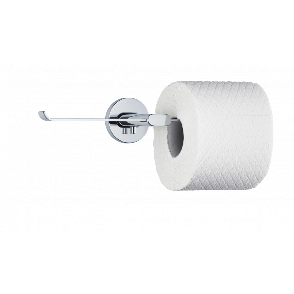 Modern chrome toilet paper holder with a roll of white textured toilet paper.