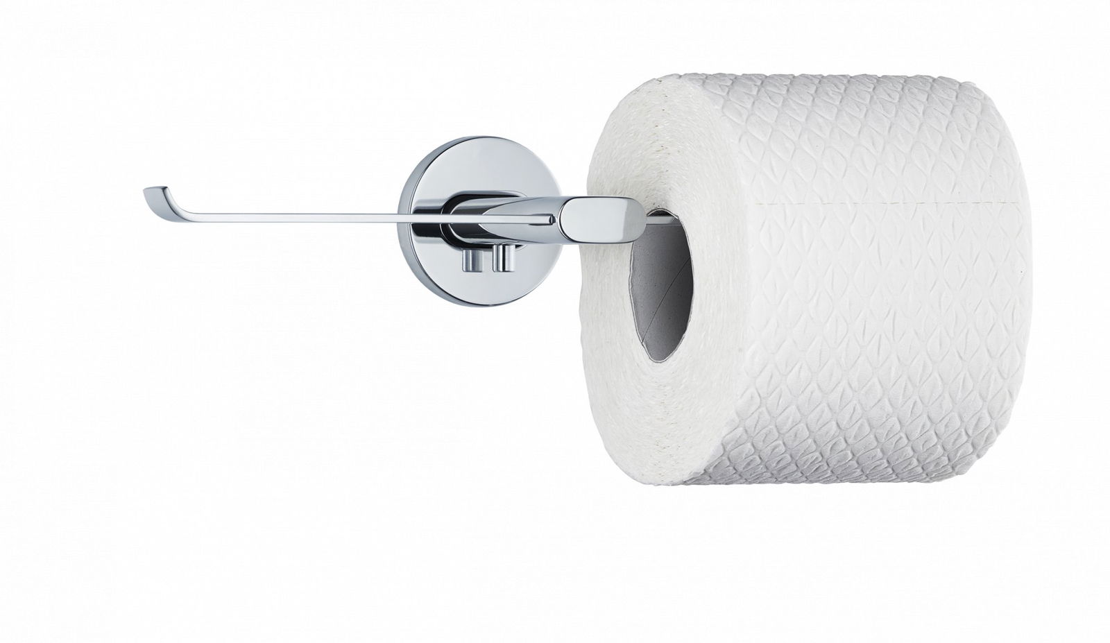 Modern chrome toilet paper holder with a roll of white textured toilet paper.