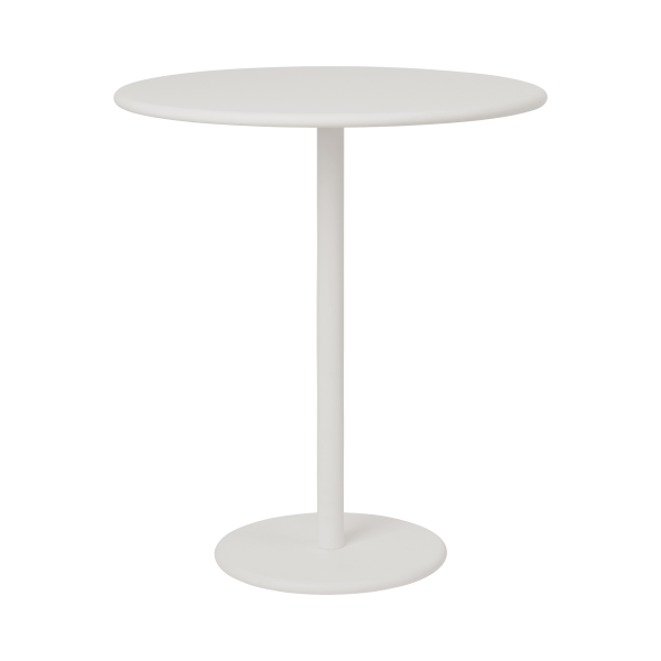 Minimalistischer runder weißer Tisch auf einem eleganten Sockel, perfekt für moderne Innenräume.