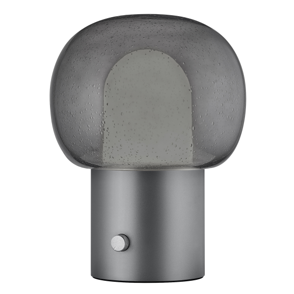 Moderne graue Tischlampe mit einem runden Glasschirm und einem minimalistischen Metallfuß.