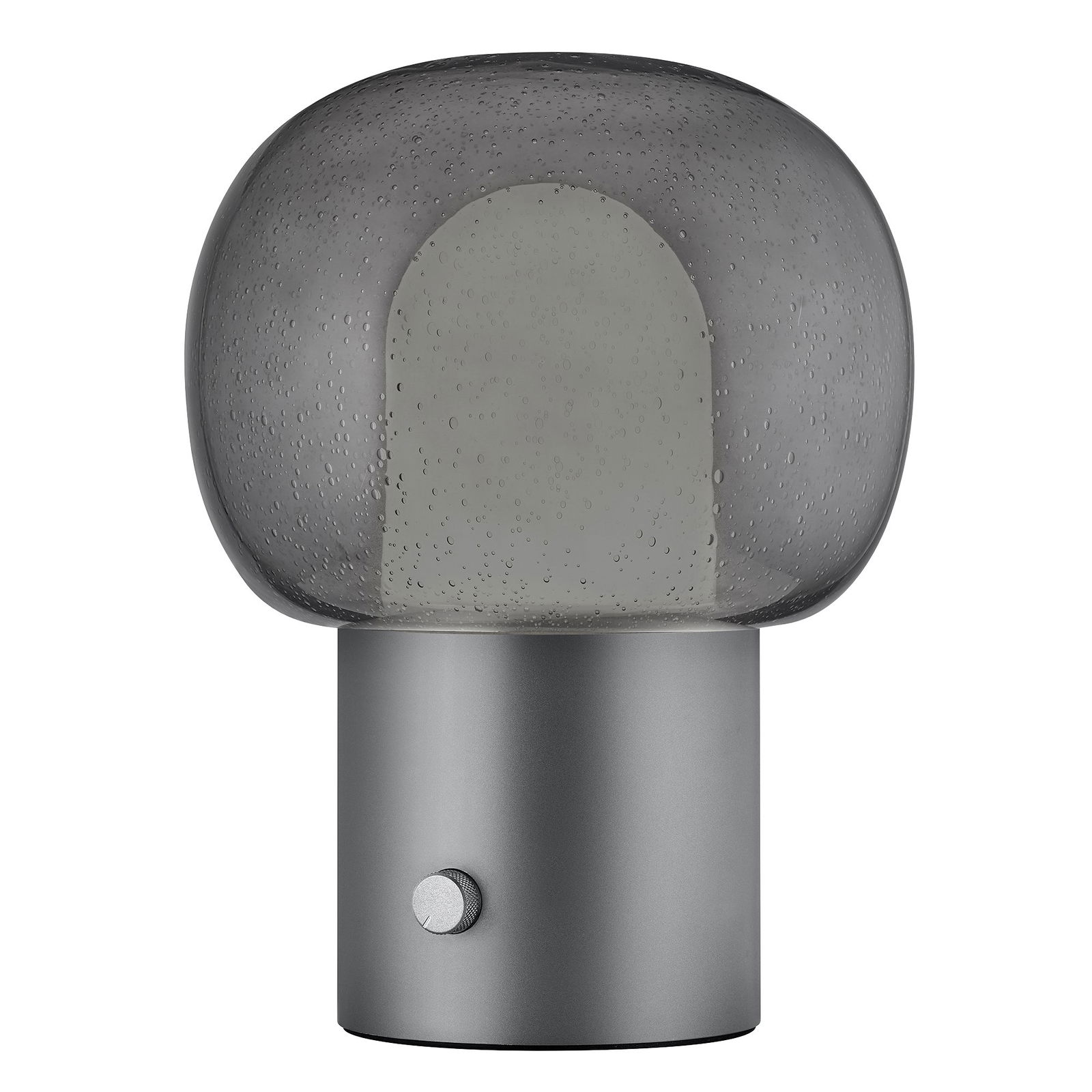 Moderne graue Tischlampe mit einem runden Glasschirm und einem minimalistischen Metallfuß.