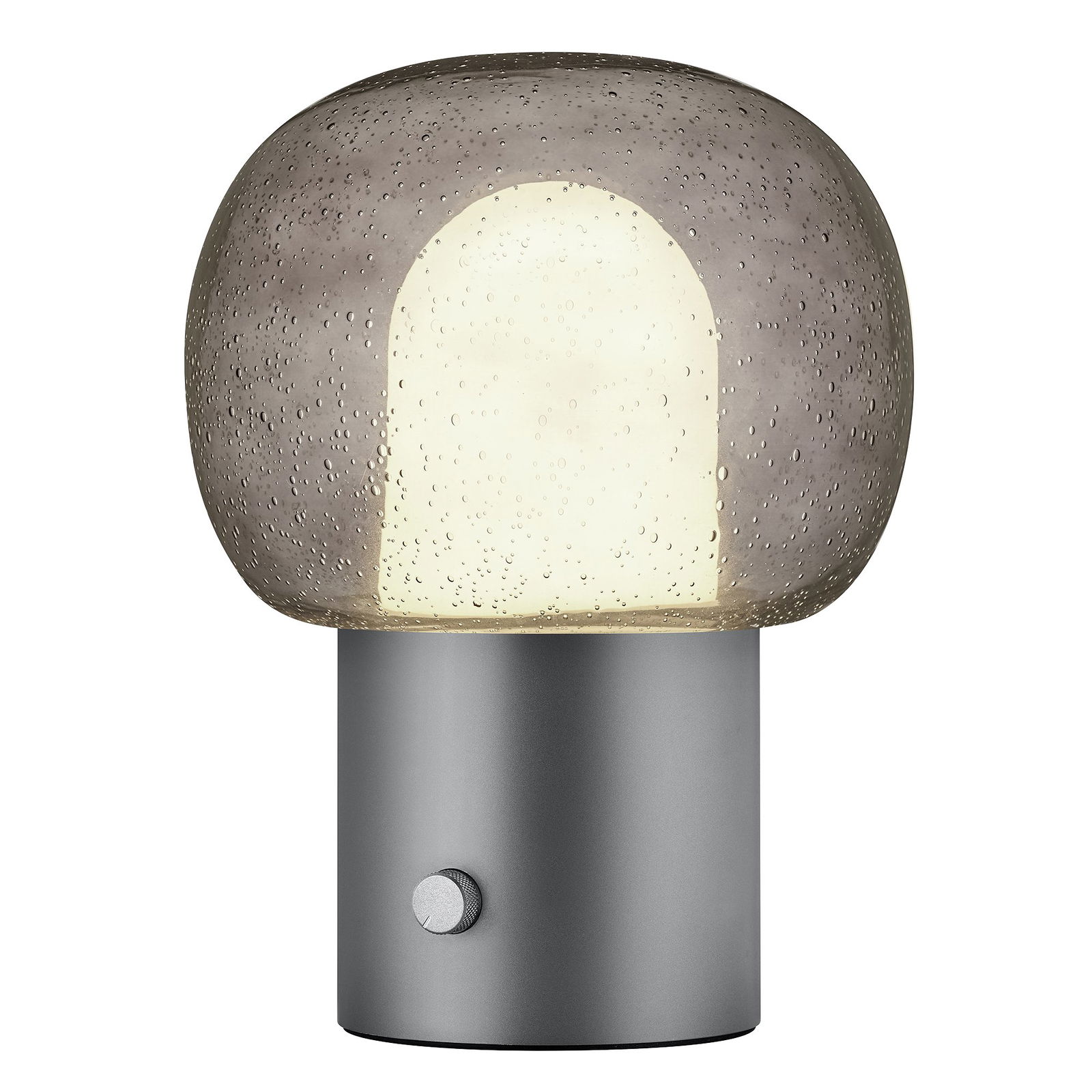 Moderne Glastischlampe mit einem runden Schirm und einem Metallfuß, der stilvolle Beleuchtung hinzufügt.