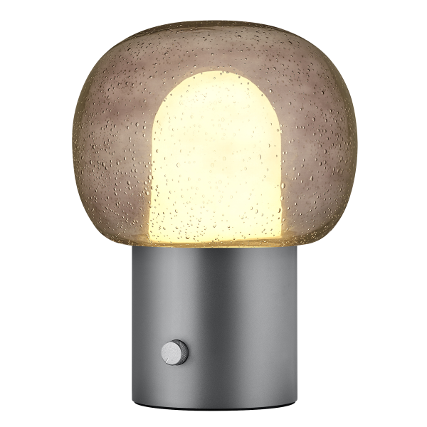 Moderne Glas-Tischlampe mit einem runden, strukturierten Schirm und einem schlanken Metallfuß.