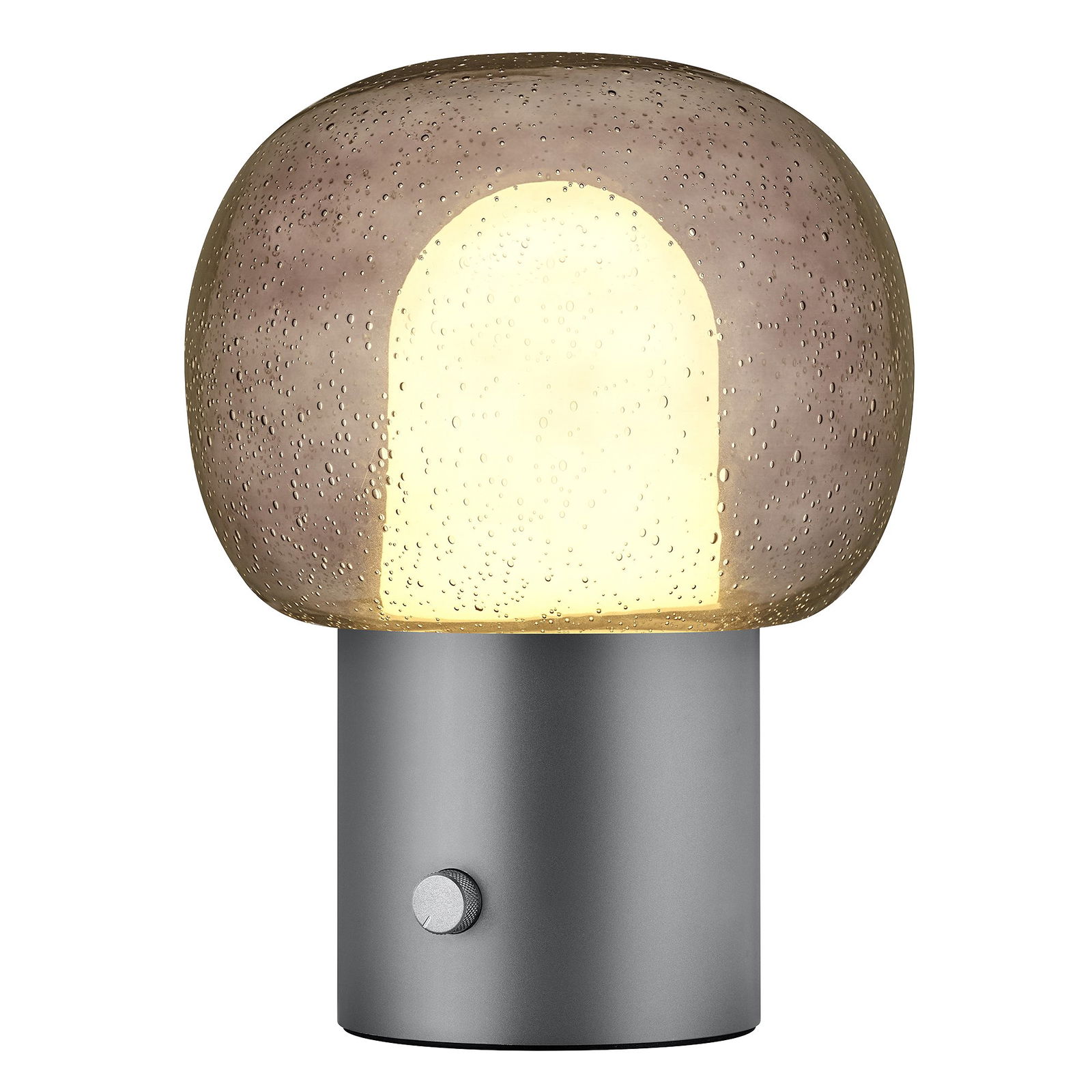 Moderne Glas-Tischlampe mit einem runden, strukturierten Schirm und einem schlanken Metallfuß.