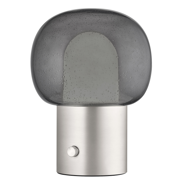Moderne Tischlampe mit einem rauchigen Glasschirm und einem eleganten Metallfuß, perfekt für stilvolle Dekoration.