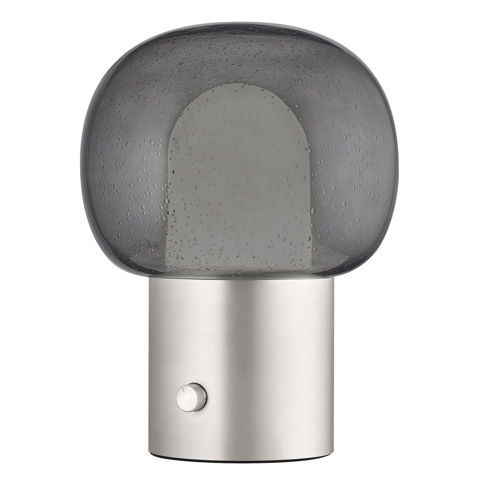 Moderne Tischlampe mit einem rauchigen Glasschirm und einem eleganten Metallfuß, perfekt für stilvolle Dekoration.