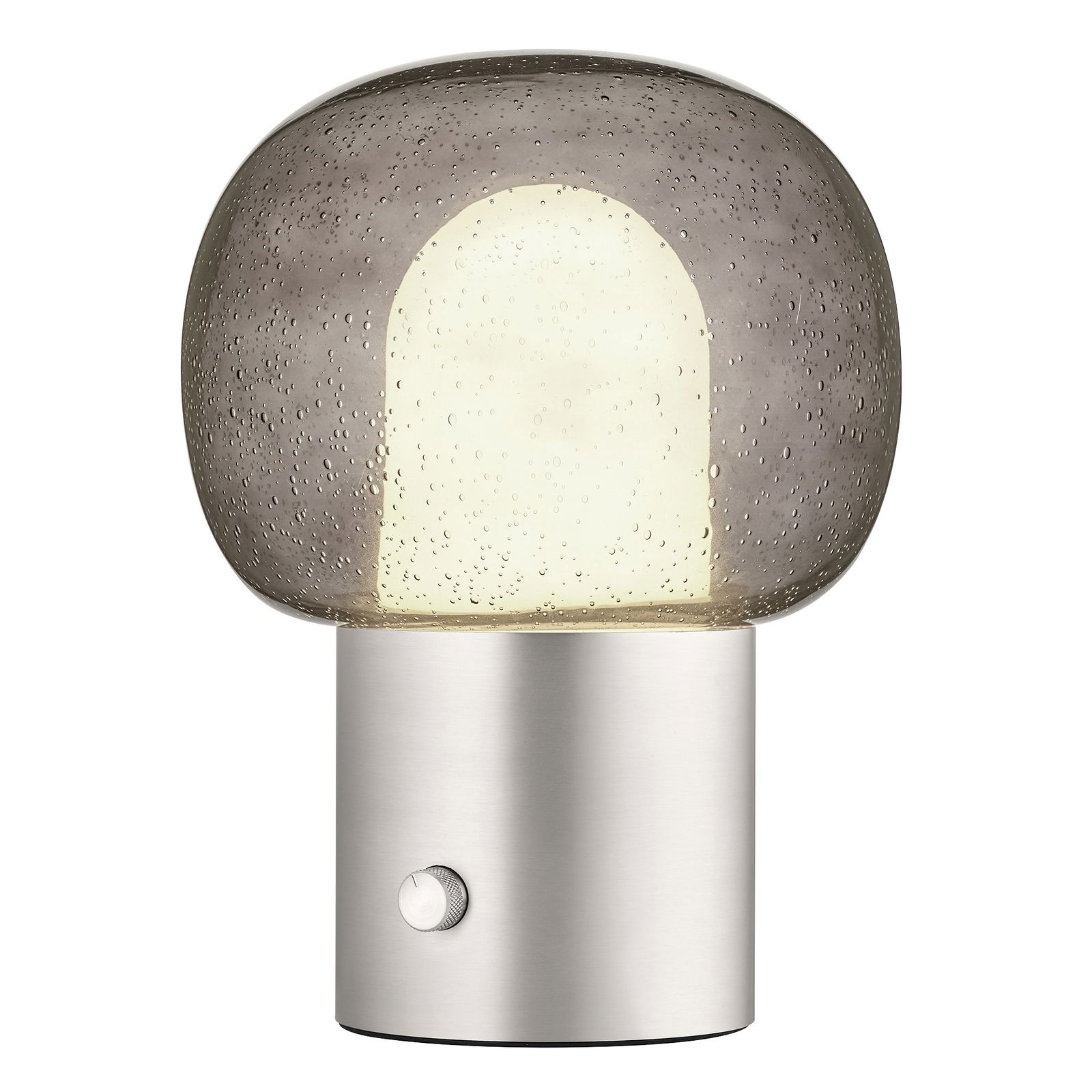 Moderne Tischlampe aus Glas mit rundem Design und gebürstetem Metallbasis.