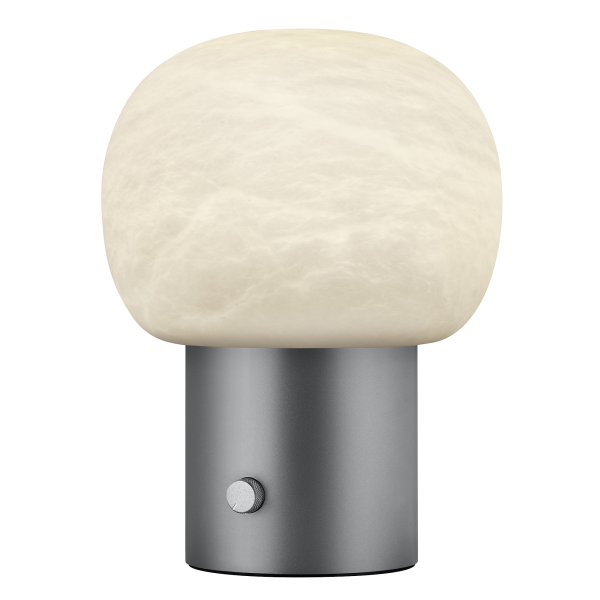 Stylische weiße Pilzlampe mit einem eleganten Metallfuß für moderne Wohnkultur.