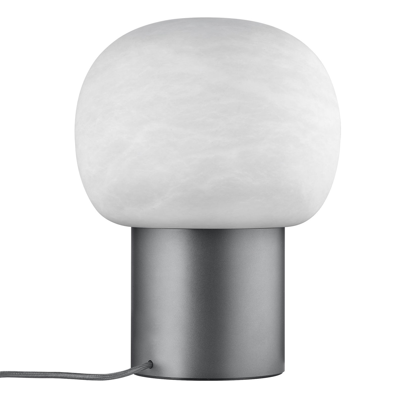 Moderne runde weiße Lampe mit einem schlanken metallischen Fuß und Kabel, perfekt für stilvolle Beleuchtung.