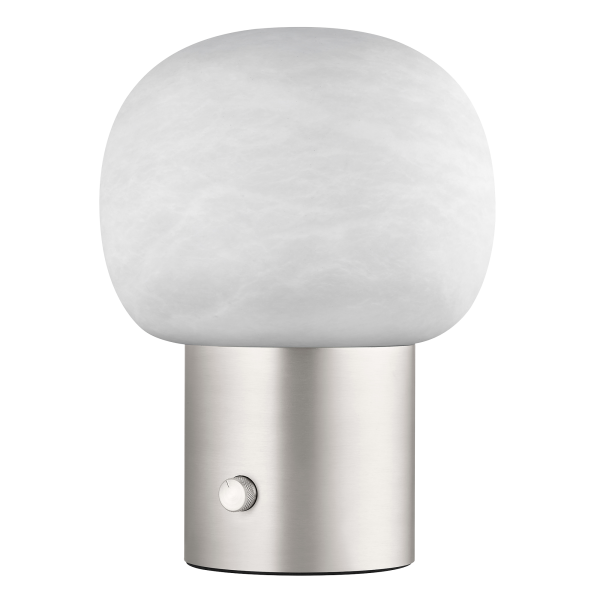 Moderne weiße Tischlampe mit globusförmigem Schirm, metallischem Fuß und einfachem Schalterdesign.