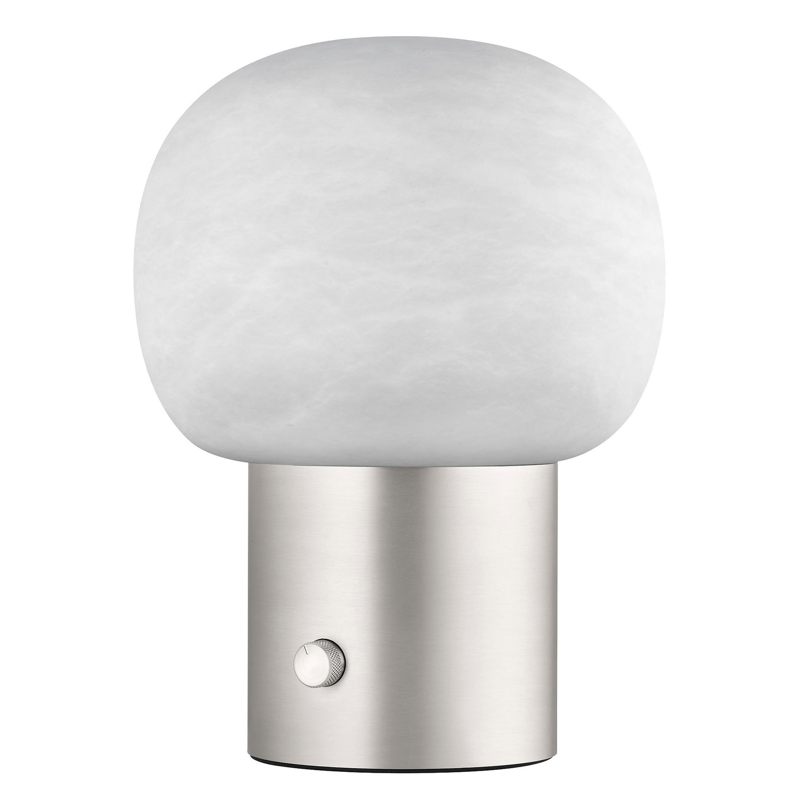 Moderne weiße Tischlampe mit globusförmigem Schirm, metallischem Fuß und einfachem Schalterdesign.