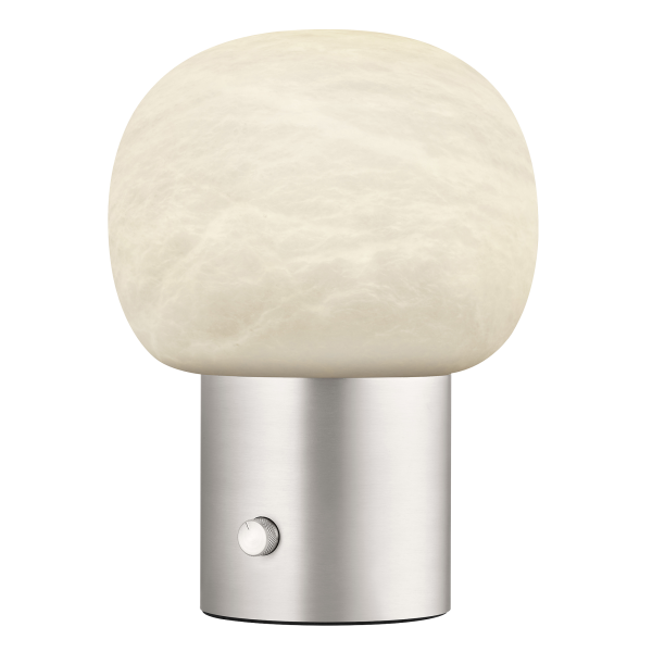 Moderne Tischlampe mit einem kugelförmigen cremefarbenen Schirm und einem eleganten Metallfuß.