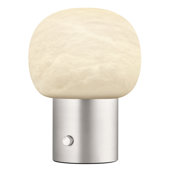 Moderne Tischlampe mit einem runden, weichen Glas-Schirm in Weiß und einem Metallfuß.