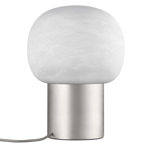 Moderne weiße Globuslampe mit einem eleganten Edelstahlfuß für stilvolle Beleuchtung.