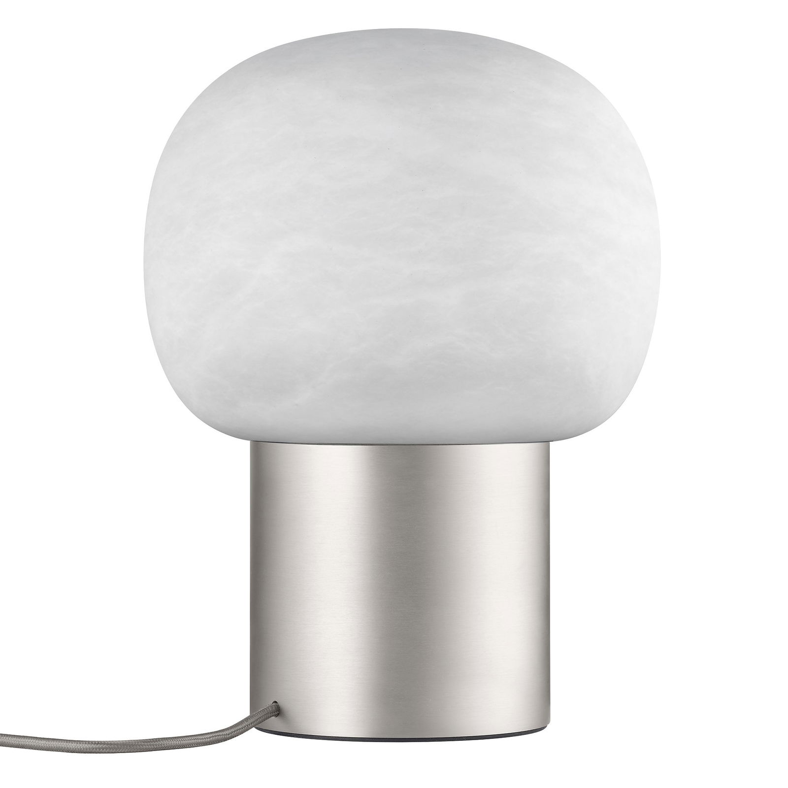 Moderne weiße Globuslampe mit einem eleganten Edelstahlfuß für stilvolle Beleuchtung.