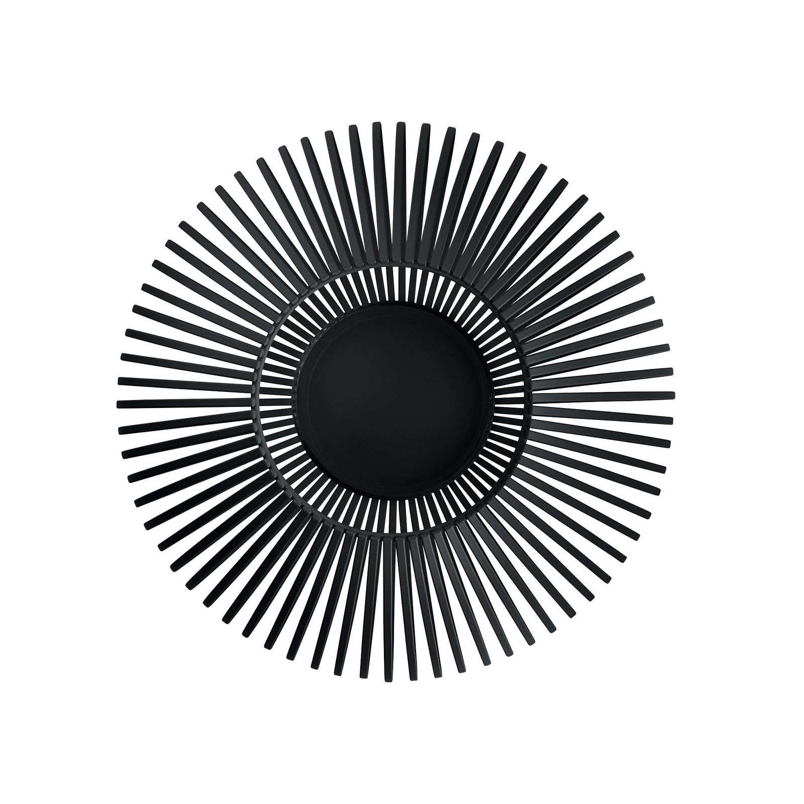 Elegante schwarze dekorative Platte mit radialem Stacheldesign auf solidem Hintergrund.